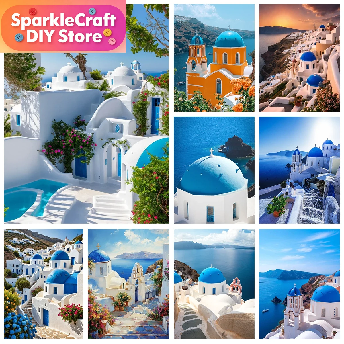 Resin Art Canvas - 1pc frameless Aegean Sea Blue House