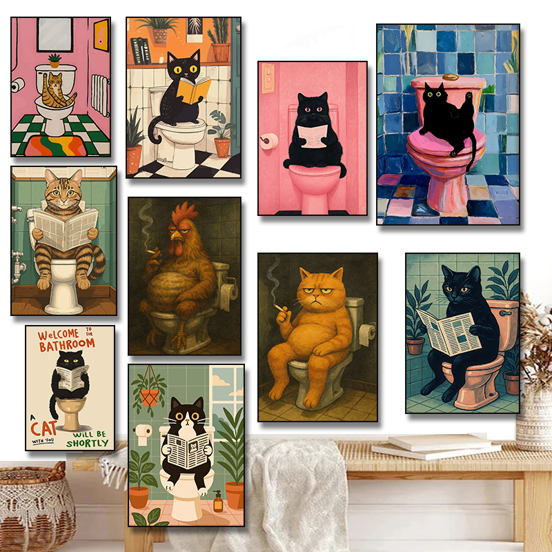 Resin Art Canvas - Funny Black Cat Reading on Toilet